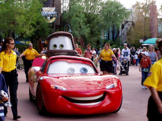 Lightning McQueen comes out to greet his fans. 
